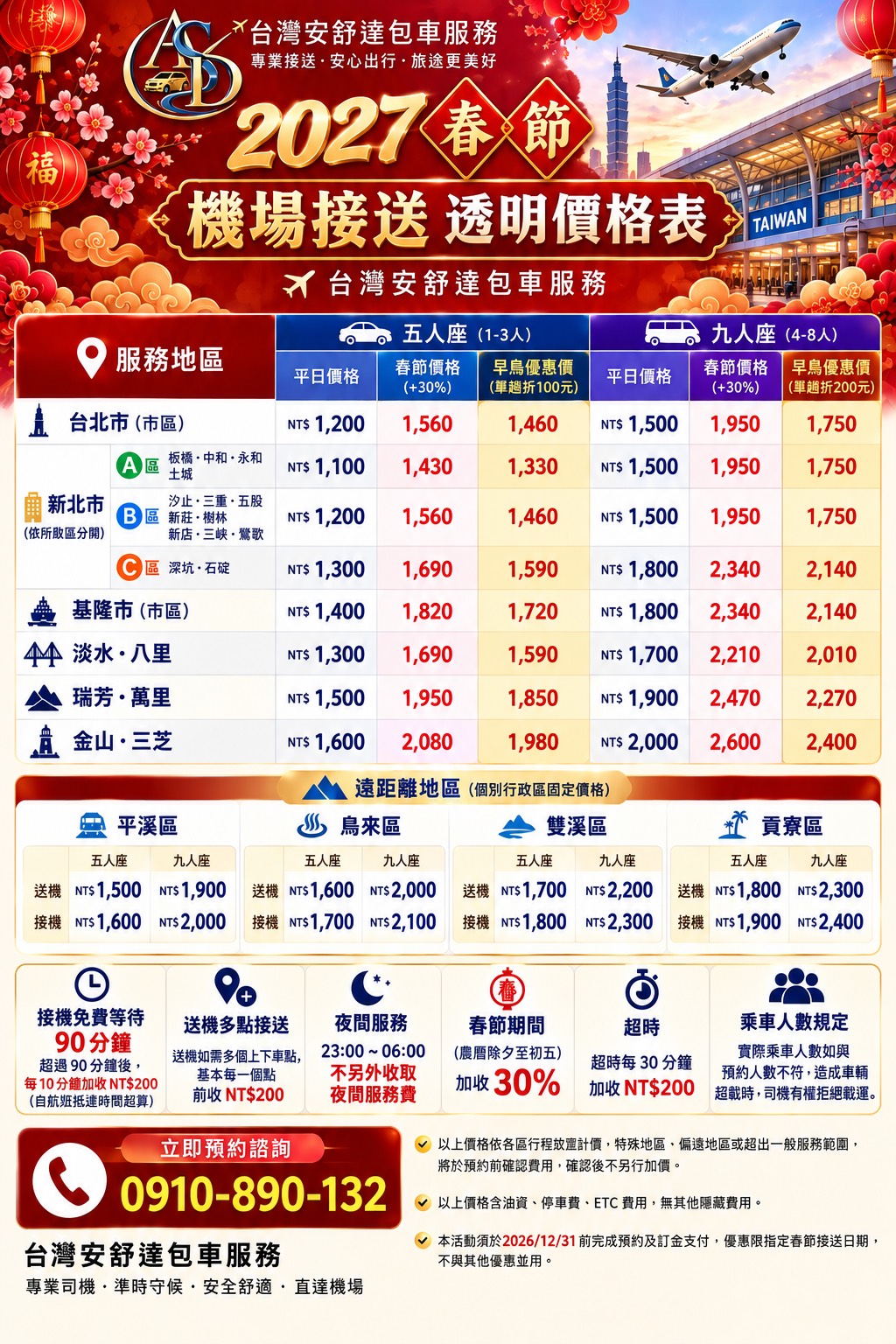 2027春節桃園機場接送台北新北基隆與北海岸五人座九人座透明價格表